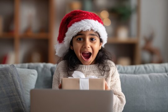 Excited Kid Santa Hat. Video Call: Indian Girl Opens Christmas Gift on Computer with Family and Friends