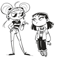 fashionable women in a 1950s-inspired black-and-white cartoon style, bold lines, confident poses, one in a skirt suit, the other in a short skirt and sweater, mid-century modern illustration style
