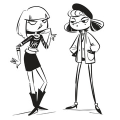 fashionable women in a 1950s-inspired black-and-white cartoon style, bold lines, confident poses, one in a skirt suit, the other in a short skirt and sweater, mid-century modern illustration style