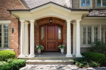Obraz premium Expensive House Front Door. Elegant Wooden Front Door with Gabled Portico