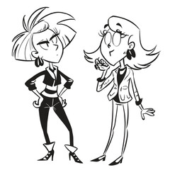 fashionable women in a 1950s-inspired black-and-white cartoon style, bold lines, confident poses, one in a skirt suit, the other in a short skirt and sweater, mid-century modern illustration style