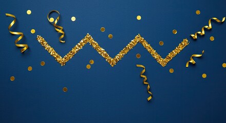 Festive Gold Glitter Zigzag Pattern with Confetti and Ribbons on Blue Background.
