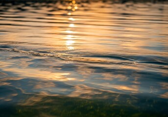 Close-up of rippling water reflecting warm sunset colors, creating a tranquil scene.