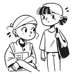 fashionable women in a 1950s-inspired black-and-white cartoon style, bold lines, confident poses, one in a skirt suit, the other in a short skirt and sweater, mid-century modern illustration style