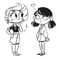 fashionable women in a 1950s-inspired black-and-white cartoon style, bold lines, confident poses, one in a skirt suit, the other in a short skirt and sweater, mid-century modern illustration style