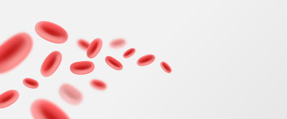 3D red blood cells floating on soft white gradient background, realistic medical illustration of erythrocytes in motion.