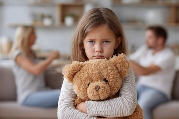 Sad child hugging teddy bear in a living room with parents in the background.