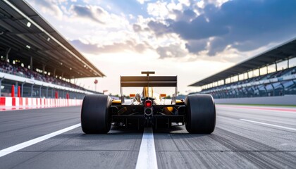 Naklejka premium Formula 1 race car speeding down a track at sunset, grandstands visible.