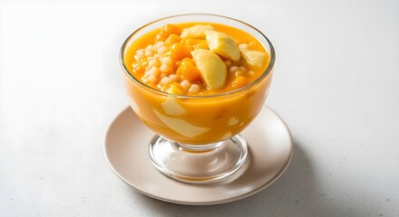 Apple, Tapioca and Pumpkin Dessert in Glass Bowl | Festive Thanksgiving or Autumn Food Concept for Recipes, Restaurant Menus and Healthy Eating