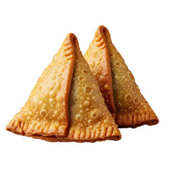 Two golden brown, flaky, crispy vegetable samosas with intricate texture, isolated on transparent with even studio lighting, captured with macro lens effect. Appetizing food product concept