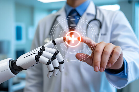 Doctor and robot collaborate on futuristic medical technology interface