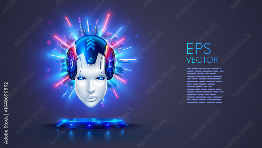 Poster ai or agi in the form of robot or cyborg head hanging over a podium in neon rays and a megacity behi
