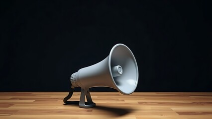 Megaphone placed on a wooden surface against a dark background.