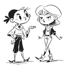 fashionable women in a 1950s-inspired black-and-white cartoon style, bold lines, confident poses, one in a skirt suit, the other in a short skirt and sweater, mid-century modern illustration style