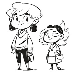 fashionable women in a 1950s-inspired black-and-white cartoon style, bold lines, confident poses, one in a skirt suit, the other in a short skirt and sweater, mid-century modern illustration style