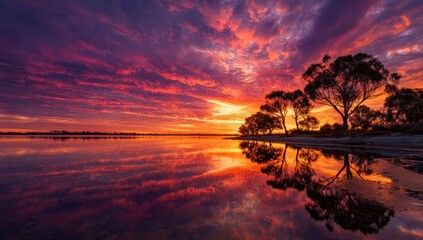Vibrant sunset over still lake, mirrored clouds