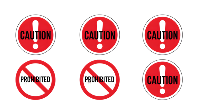 A display of caution and prohibited signs in red and white on a black background visual design element on transparent background