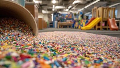 Colorful recycled plastic granules spilled from a container onto a carpeted floor in an office play area