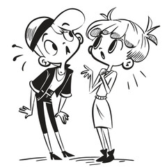 fashionable women in a 1950s-inspired black-and-white cartoon style, bold lines, confident poses, one in a skirt suit, the other in a short skirt and sweater, mid-century modern illustration style