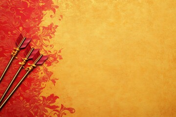 Artistic Arrows on a Textured Canvas: Decorative arrows with red fletching and gold accents are arranged artfully against a vibrant backdrop, a testament to the grace. 