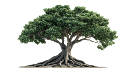 Tree with broad canopy and exposed roots
