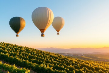 Naklejka premium Balloon Ride Over Vineyard: Three hot air balloons soar serenely over a vibrant vineyard, painting a picture of travel, exploration, and the tranquility of dawn's first light.
