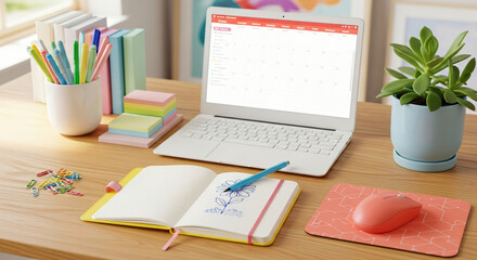 Bright and organized workspace featuring a laptop, stationery, and a plant, with a calendar on display