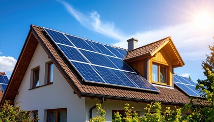 Solar panels installed on a residential home's roof, showcasing clean energy technology and sustainable living.