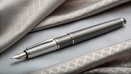 Elegant metallic fountain pen resting on luxurious textured fabric, conveying sophistication and classic style.