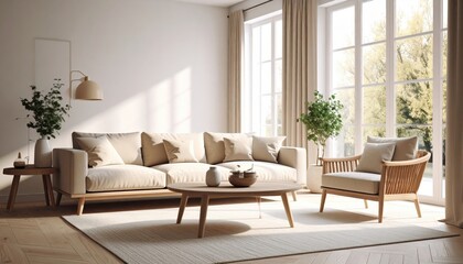 Bright living room with a beige sofa, wooden furniture, and large windows showing a garden view.