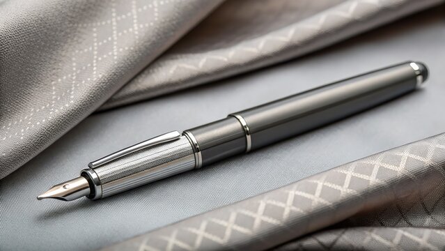 Elegant metallic fountain pen resting on luxurious textured fabric, conveying sophistication and classic style.