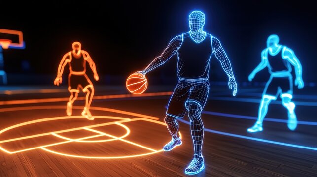 Digital wireframe basketball players in neon blue and orange compete on a futuristic court with glowing lines and a holographic basketball.