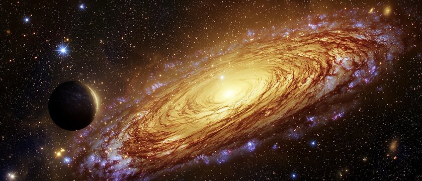 Supermassive black hole in the center of a galaxy surrounded by swirling accretion disk and gravitational lensing bending the light from distant stars