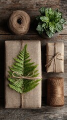 Gift boxes wrapped in burlap, tied with twine, adorned with ferns