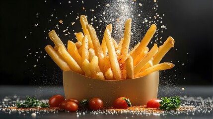 French fries bursting of spice, with black background.