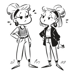 fashionable women in a 1950s-inspired black-and-white cartoon style, bold lines, confident poses, one in a skirt suit, the other in a short skirt and sweater, mid-century modern illustration style