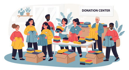 Volunteers sorting and folding donated clothes at a donation center, placing them into cardboard boxes.