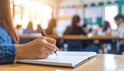 A student's hand writing in a notebook, other students blurred in the background, classroom setting.