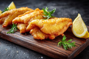 Fried Perch. Delicious Grouper Fillets in Golden Batter on Dark Wooden Board