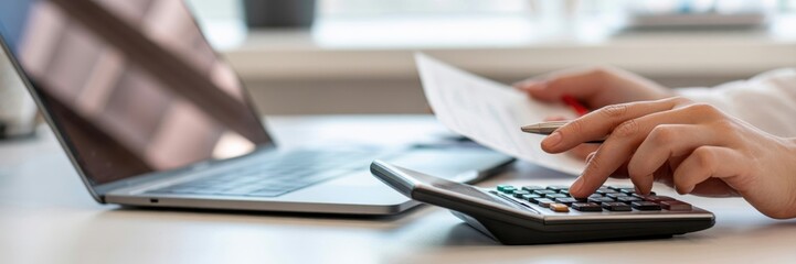 Fototapeta premium Financial Calculation - A man's hands using a calculator and a laptop, with a pen and financial documents, symbolizing business accounting and planning