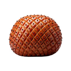 Fototapeta premium Whole holiday ham, golden-brown caramelized glaze glistening, meticulously scored with cloves, isolated on a transparent background with soft studio lighting, holiday celebration atmosphere