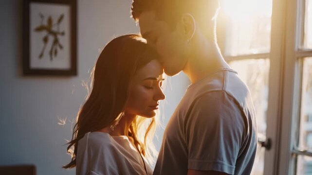 woman smiles with eyes closed, man near. couple sharing moment of love, romance clear. silhouette in sunset shows couple holding, kissing. intimacy gentle, couple stands close in warm silhouette.