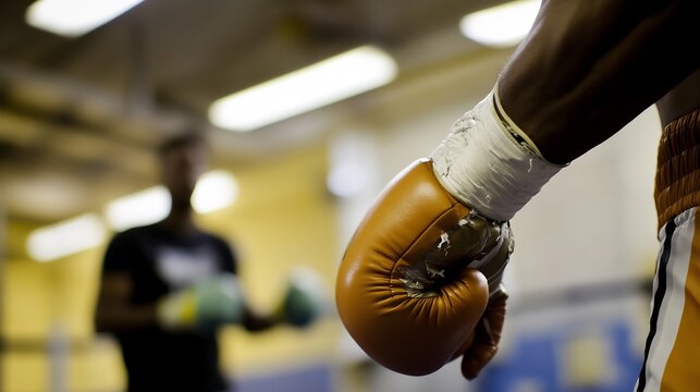 Fighter's hands being wrapped in tape with boxing gloves nearby ready for sparring while a coach stands in the background providing instructions in a gritty high energy gym