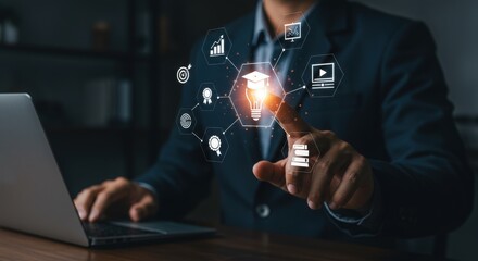 Business professional interacting with glowing digital network and icons