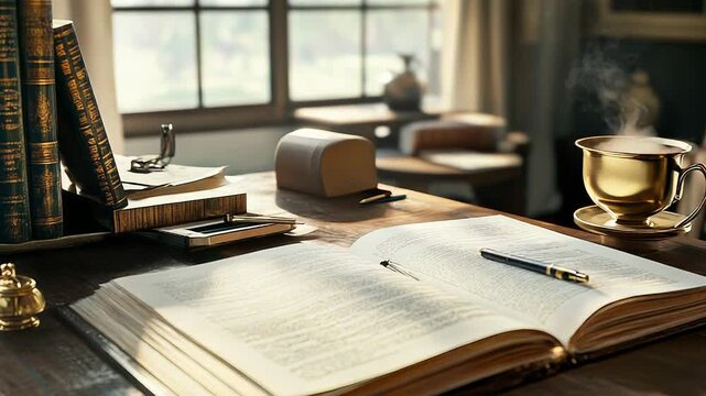 Open book, hot drink and other items resting on wooden desk in study