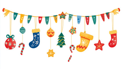Festive christmas garland with ornaments and stockings hanging on a string decoration design © Munnaza