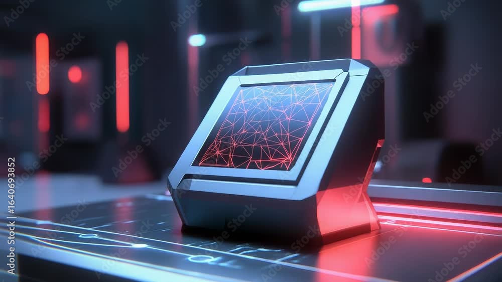 Poster futuristic device displaying network connections in red and blue lit environment