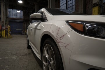 White car with damage to fender