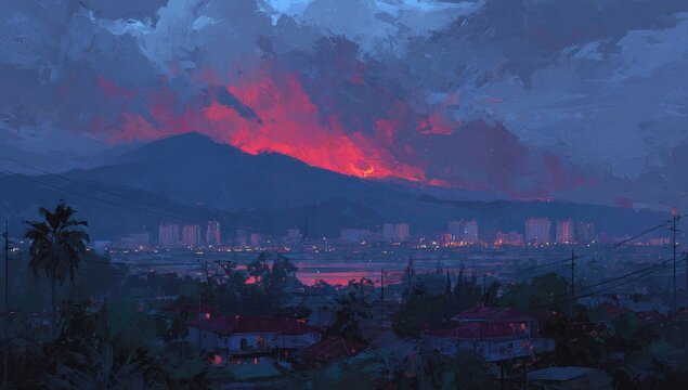 Fiery sunset over city nestled in mountains