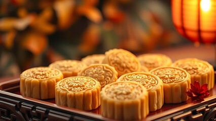 Traditional mooncakes on lacquered tray, floral patterns and gold accents, with autumn foliage backdrop.